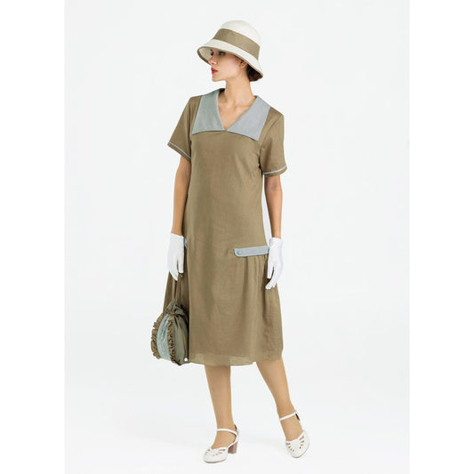 Downton Abbey day dress in olive and grey linen - a vintage-inspired Roaring Twenties dress