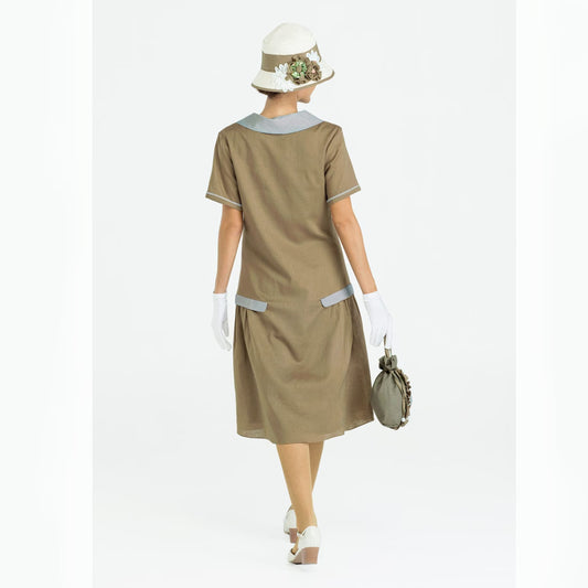 Downton Abbey day dress in olive and grey linen