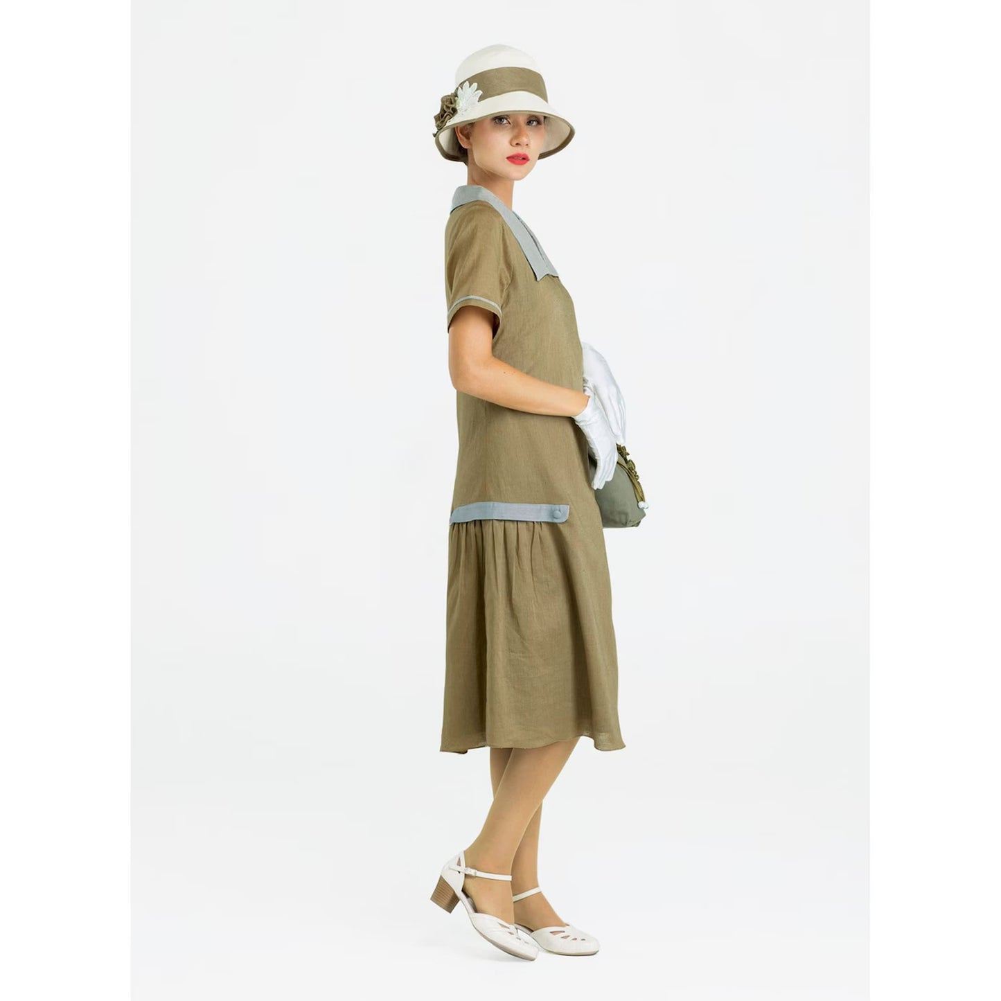 Downton Abbey day dress in olive and grey linen