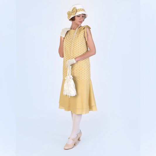 1920s summer party hat in light mustard and off-white cotton