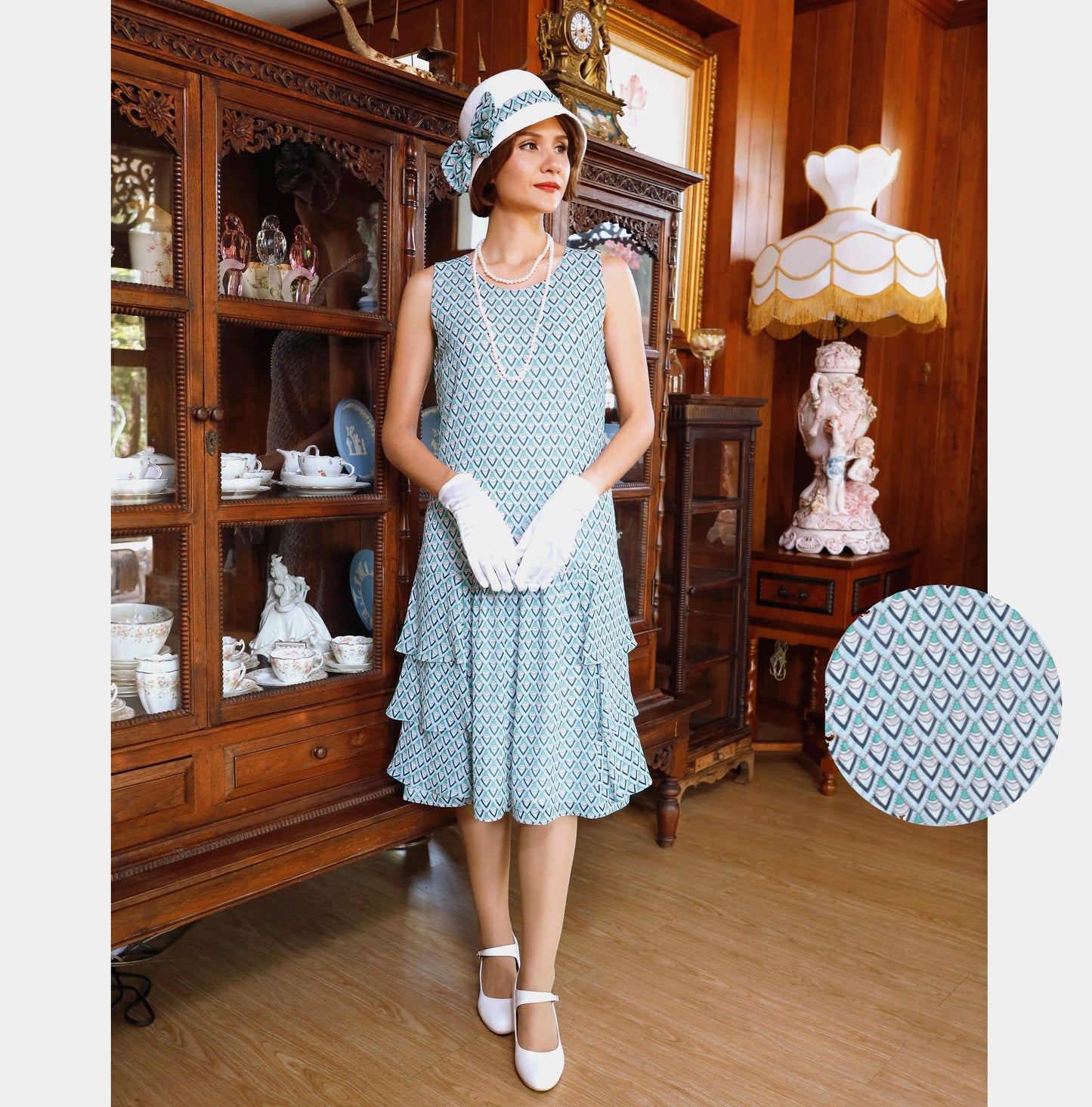 Chiffon 1920s day dress in light blue print and with tiered skirt - a vintage-inspired 1920s dress