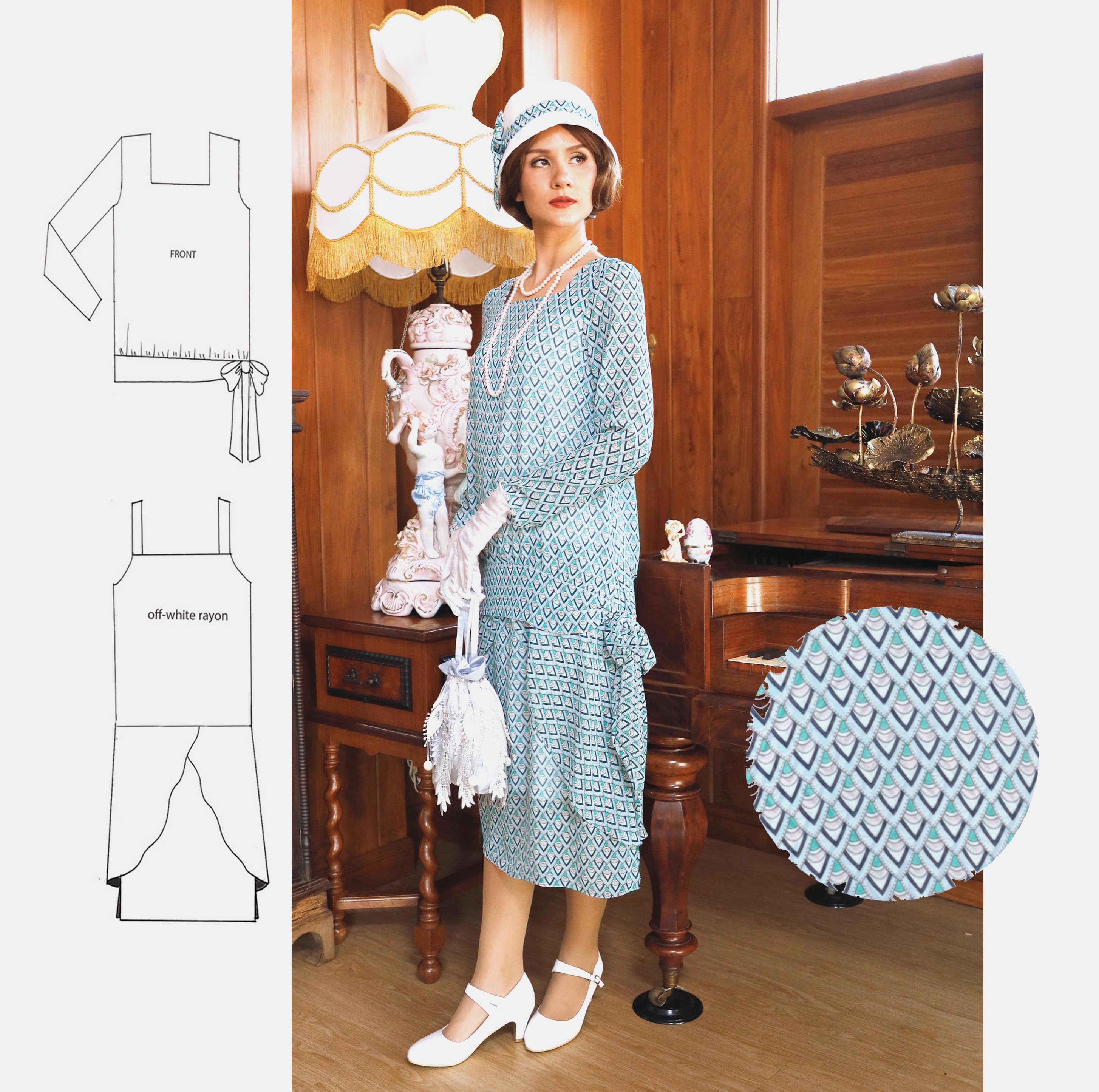 2-piece Gatsby chiffon tea day dress in printed light blue LaVieDelight 2-piece Gatsby chiffon tea day dress in printed light blue LaVieDelight