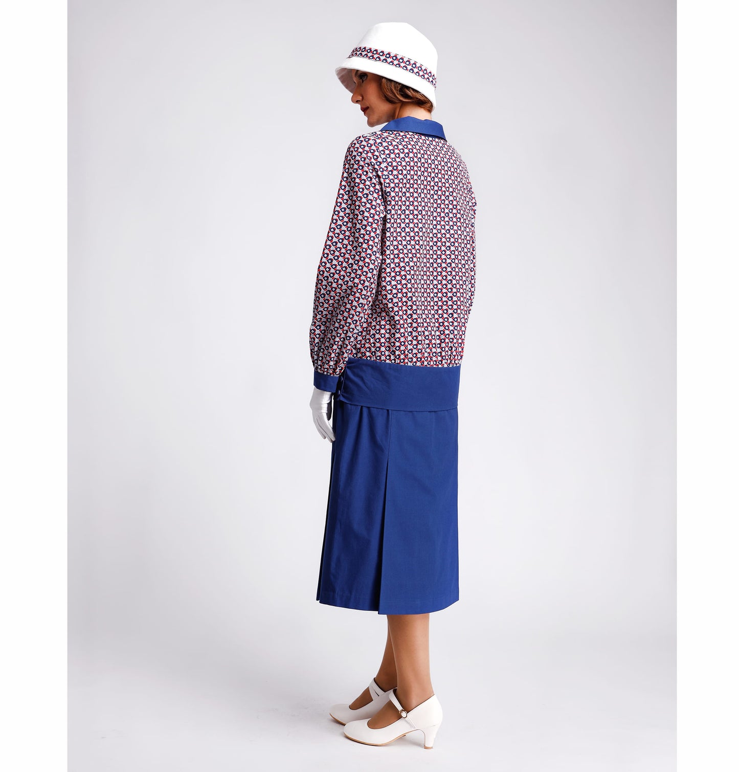 CLEARANCE: 1920s Cotton 2-Piece Gatsby Day Dress in Solid Blue and blue/grey/red print