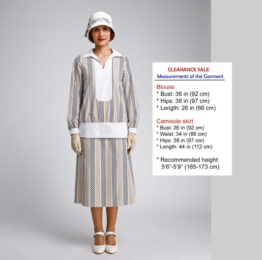 CLEARANCE: 1920s Cotton Print Day Dress Set with Long Sleeves and White Details