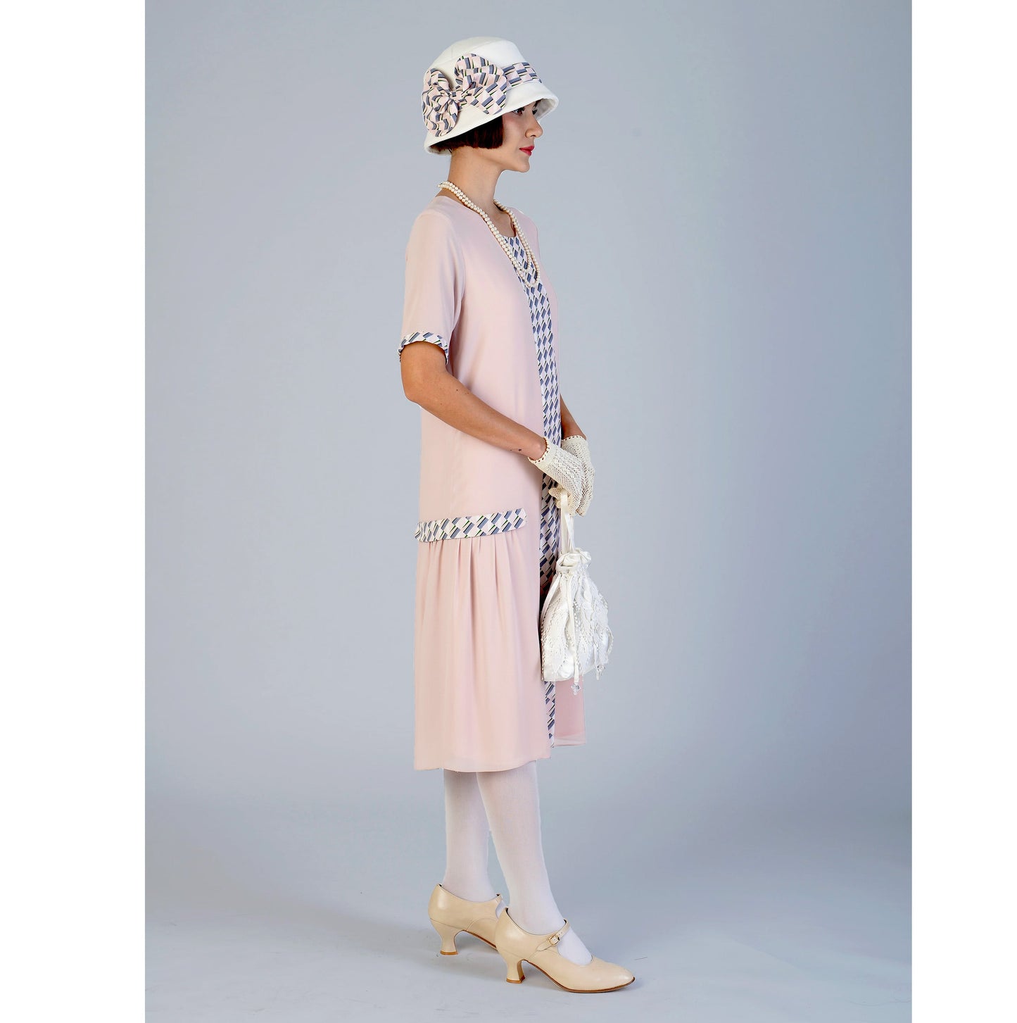 Vintage-inspired chiffon 1920s dress with nude and print