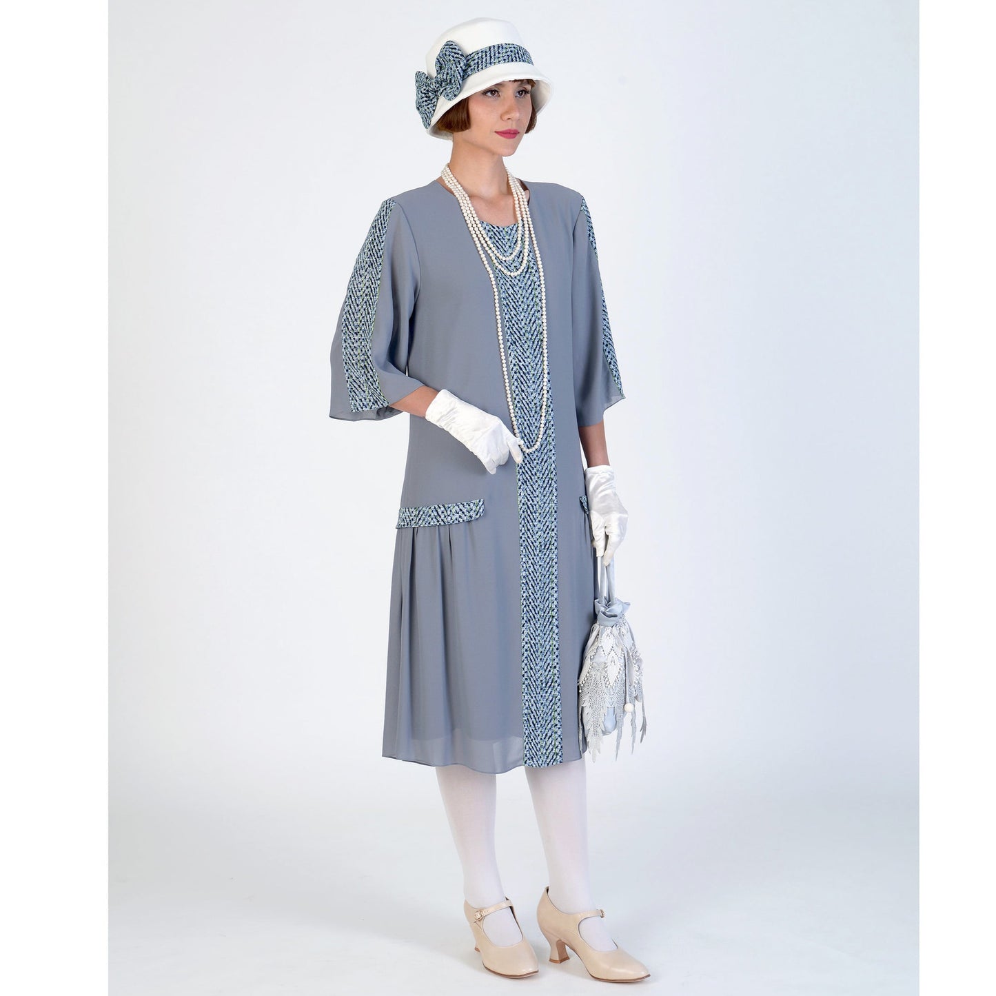 1920s dress of grey chiffon and printed chiffon in blue - a vintage-inspired Roaring Twenties dress