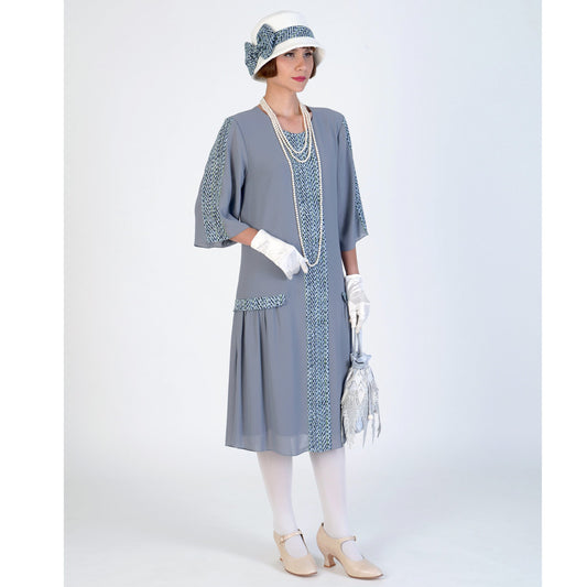 1920s dress of grey chiffon and printed chiffon in blue - a vintage-inspired Roaring Twenties dress