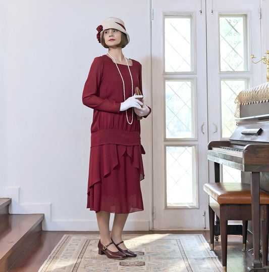 Maroon red 2-piece chiffon 1920s dress with long sleeves - a red Great Gatsby party dress