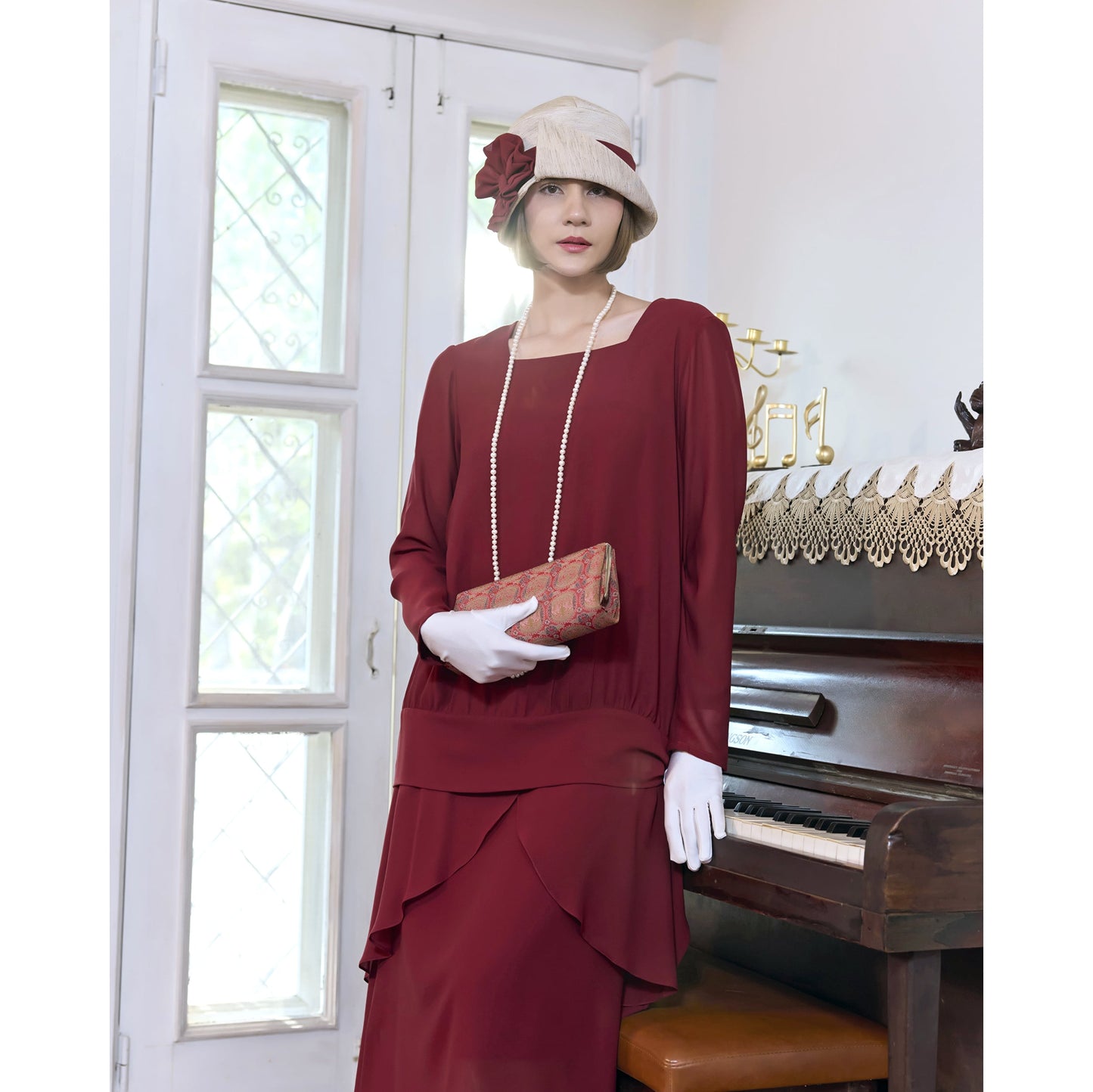 CLEARANCE: Maroon red 2-piece chiffon 1920s dress