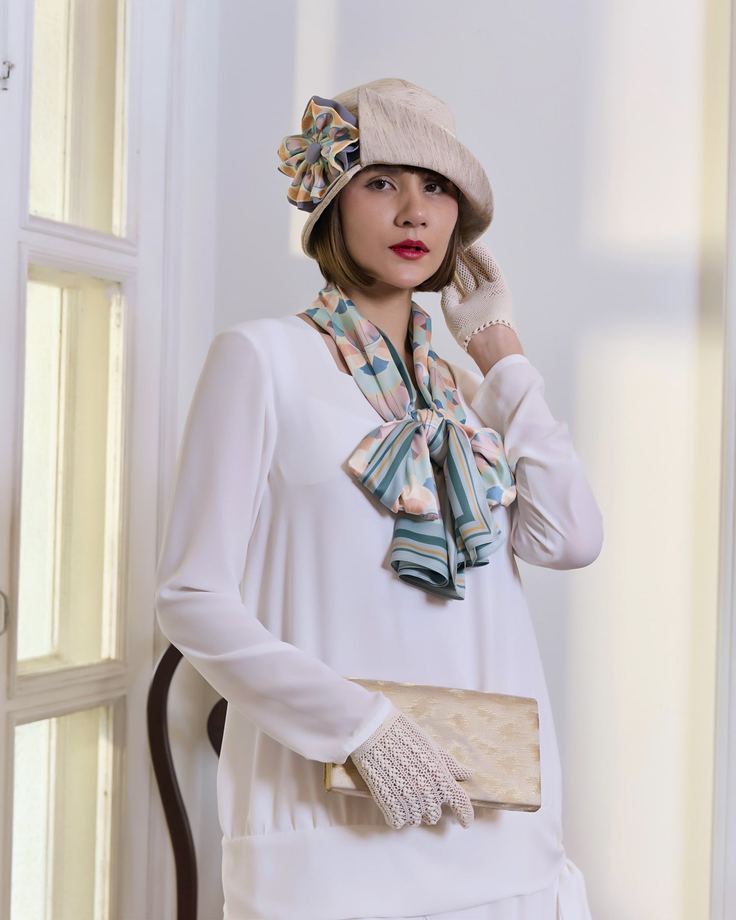 Great Gatsby hat in cream color with art deco print