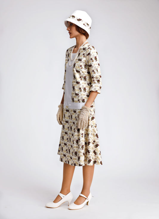 CLEARANCE: Cotton 1920s day dress in light brown print and white details