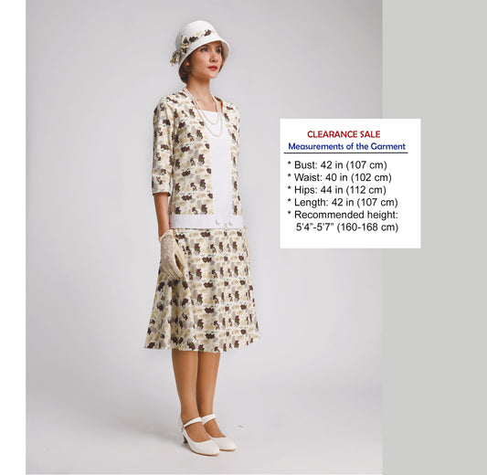 CLEARANCE: Cotton 1920s day dress in light brown print and white details