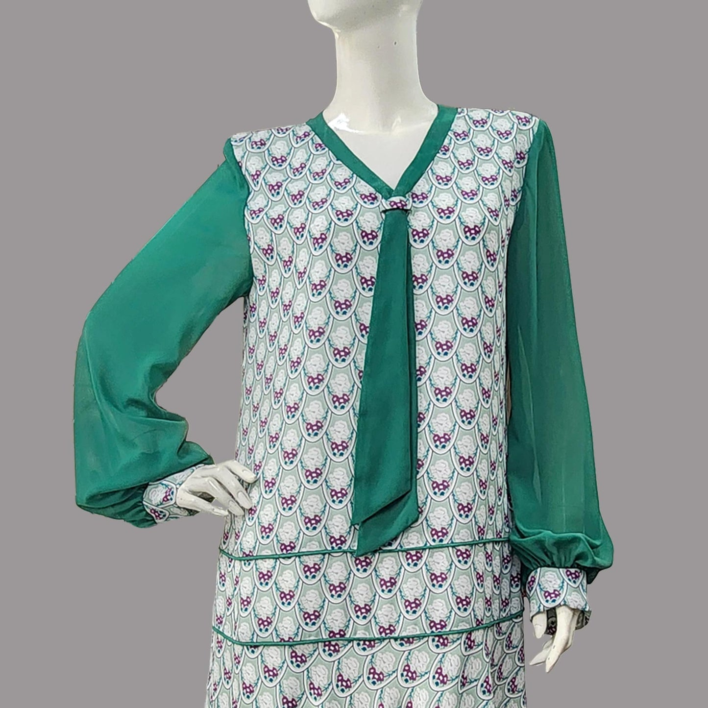 CLEARANCE: Green Medallion Art Deco Print Chiffon 1920s Dress