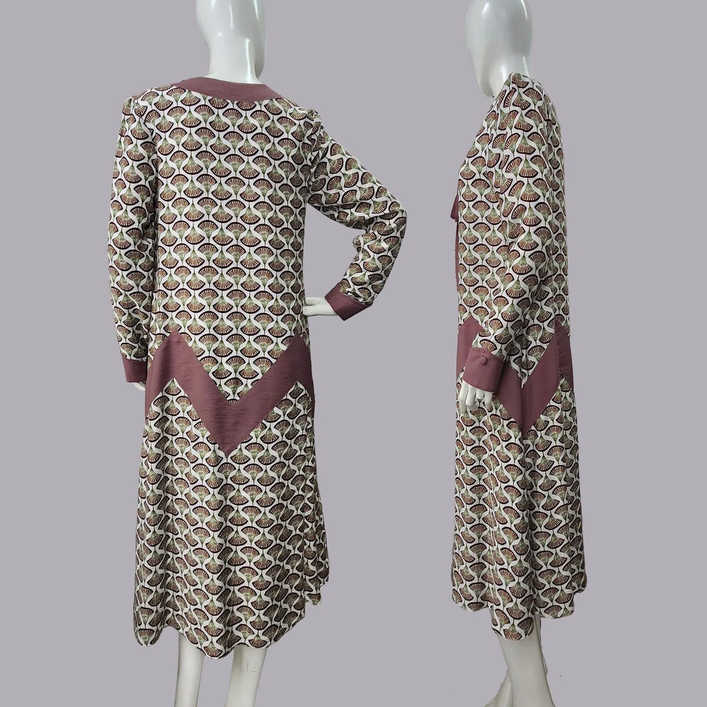 CLEARANCE: 1920s style dress in dark brown print and mauve zig zag details