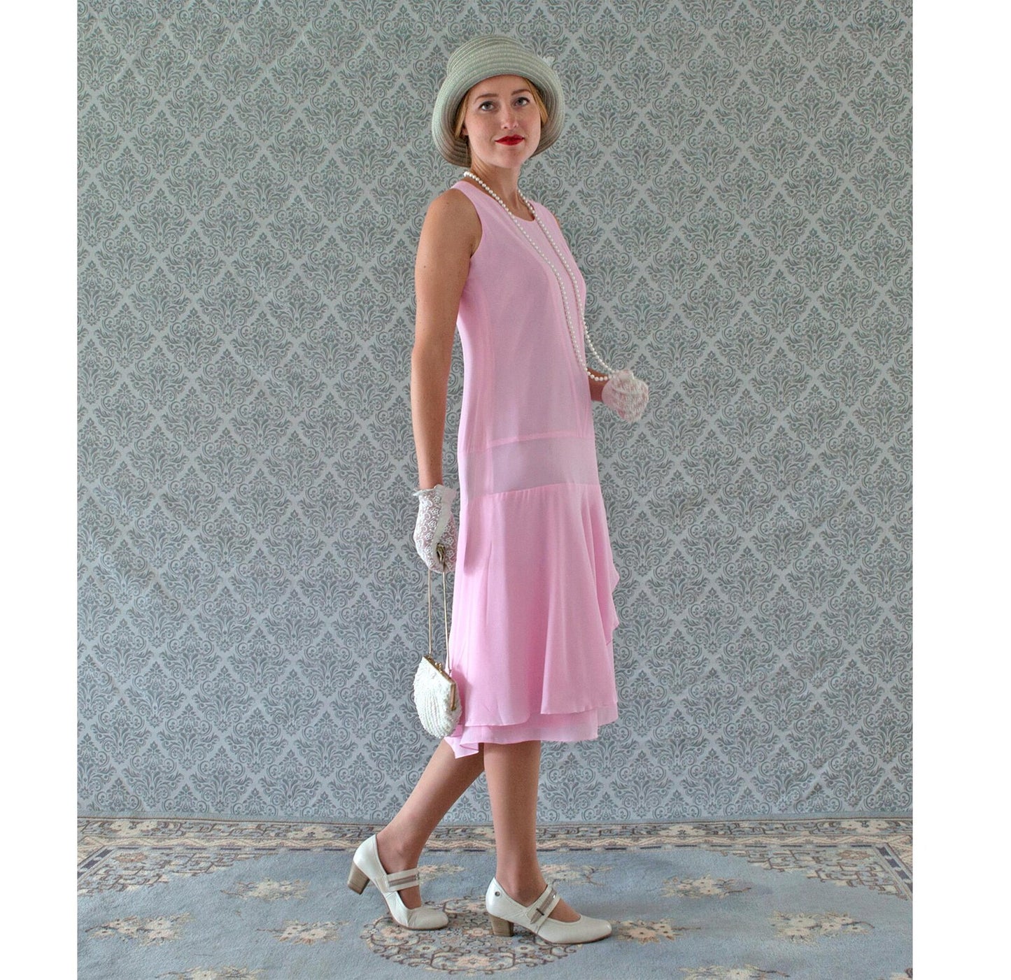 CLEARANCE: Pink Chiffon Gatsby Dress with a ruffled skirt detail