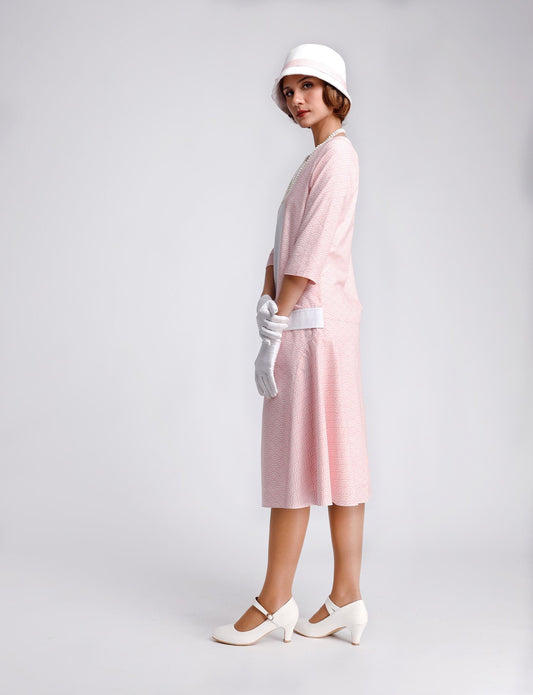 CLEARANCE: Pink and White Cotton Gatsby Day Dress with Square Neck