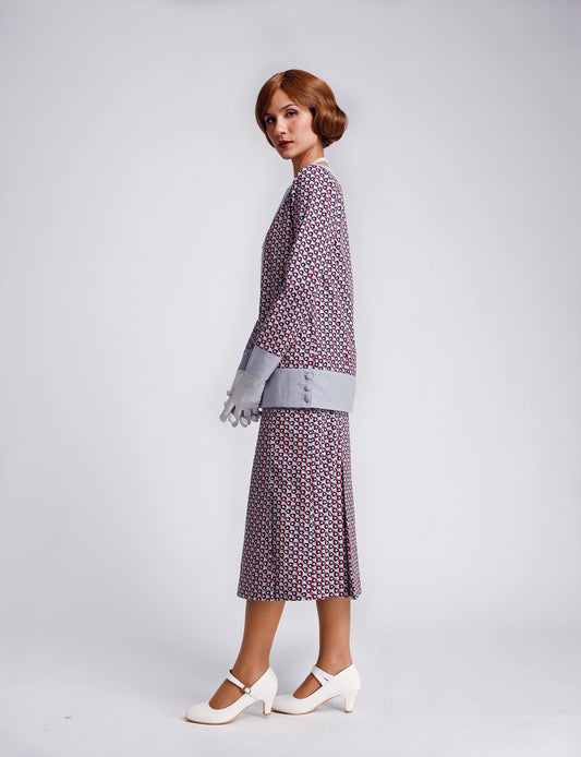 CLEARANCE: Cotton print 2-Piece Gatsby Day Dress with Grey details