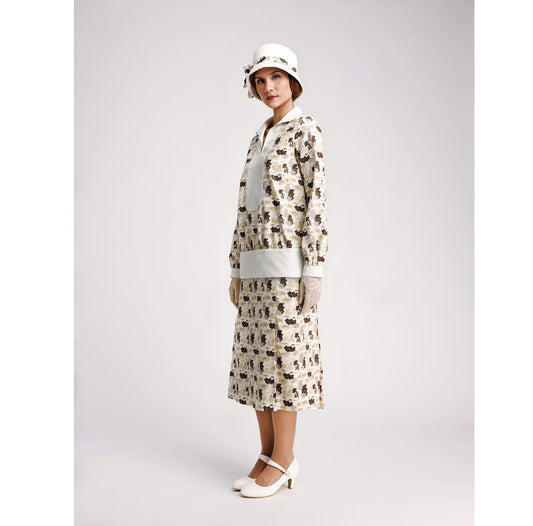 CLEARANCE: Cotton Print Gatsby Style 1920s 2-piece Dress with Long Sleeves