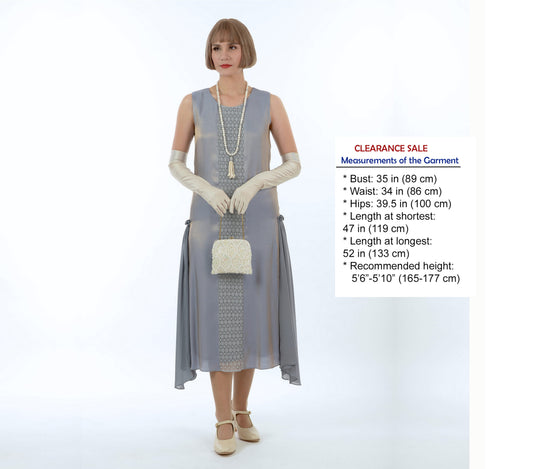 1920s formal dress in metallic grey with lace detail
