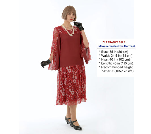 Maroon red chiffon and lace 1920s reproduction dress with slit sleeves