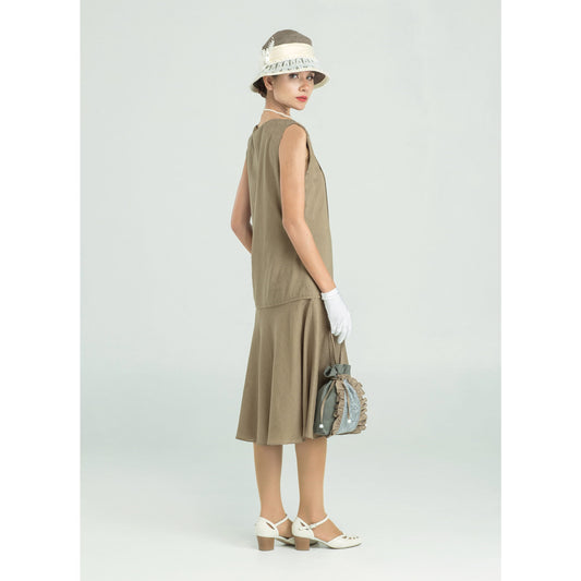 CLEARANCE: Linen Vintage 1920s Fashion Gatsby Day Outfit in Olive Green Colour
