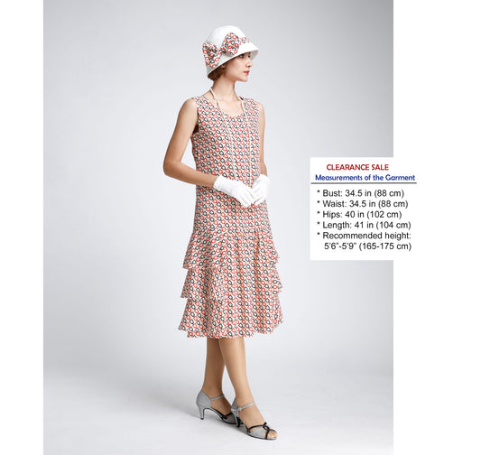 Great Gatsby dress in nude/dark blue/red print, with tiered skirt