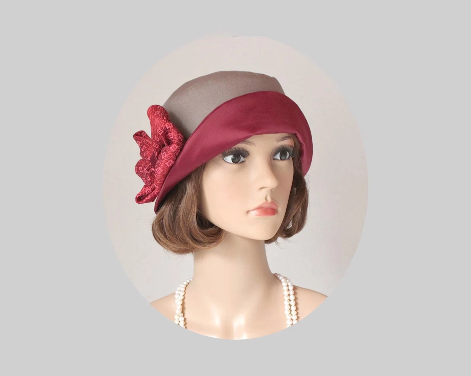 Red cloche hat Kathy Jeanne Taupe & Red Flower Wool Cloche Hat – Unique Vintage main image 2