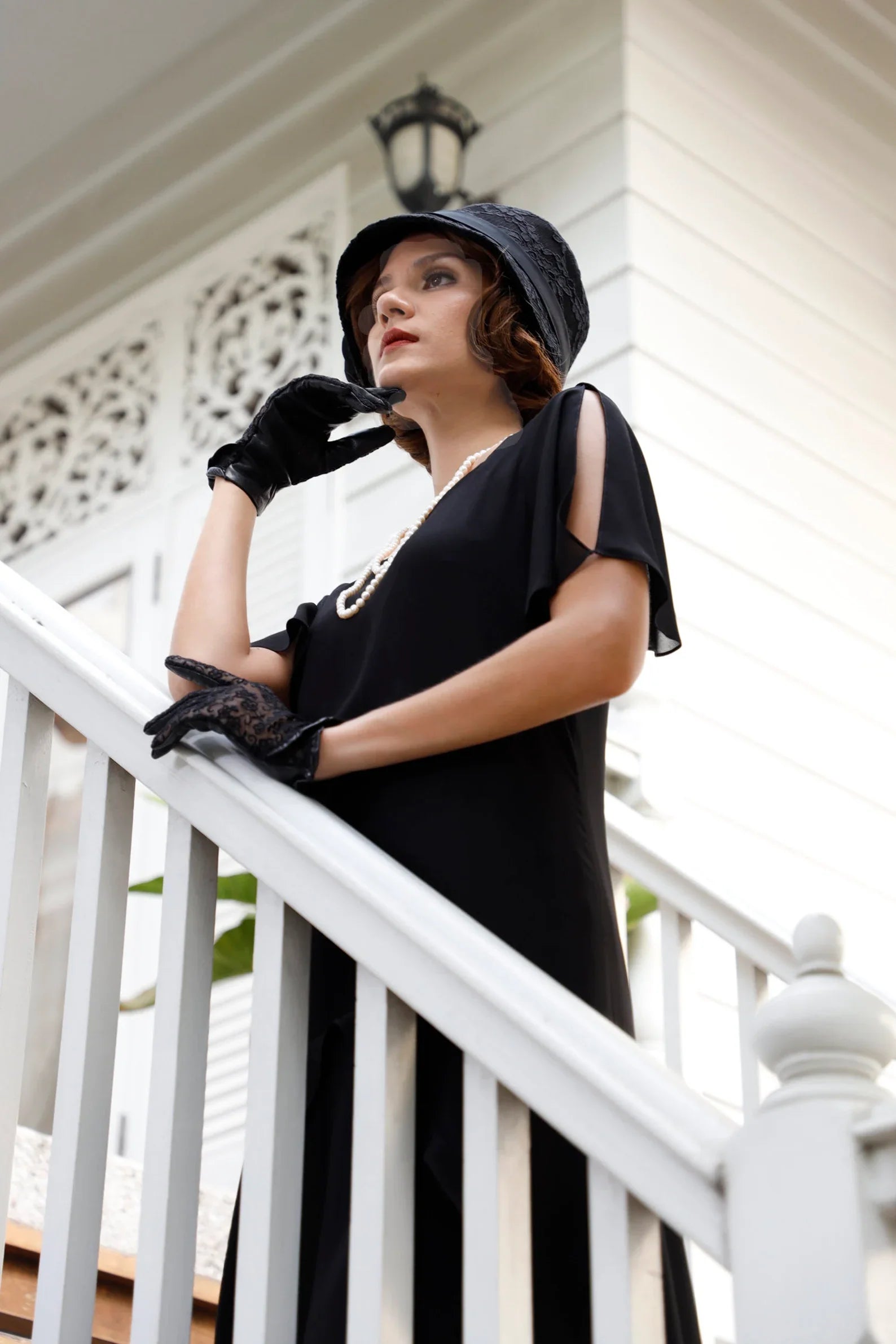 Black chiffon Great Gatsby dress with sweetheart neckline. The roaring twenties dress can be worn as Downton Abbey dress or 1920s lawn party dress