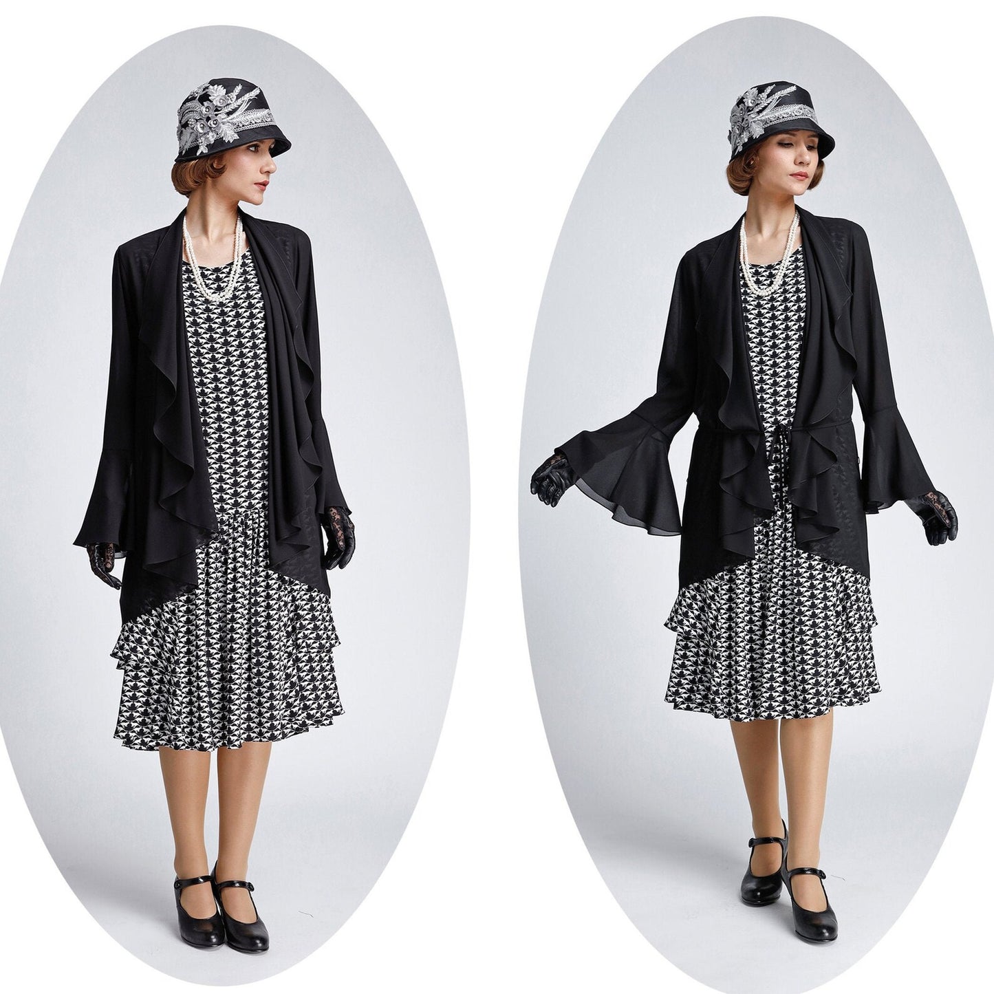 1920s black and white chiffon art deco dress with tiered skirt