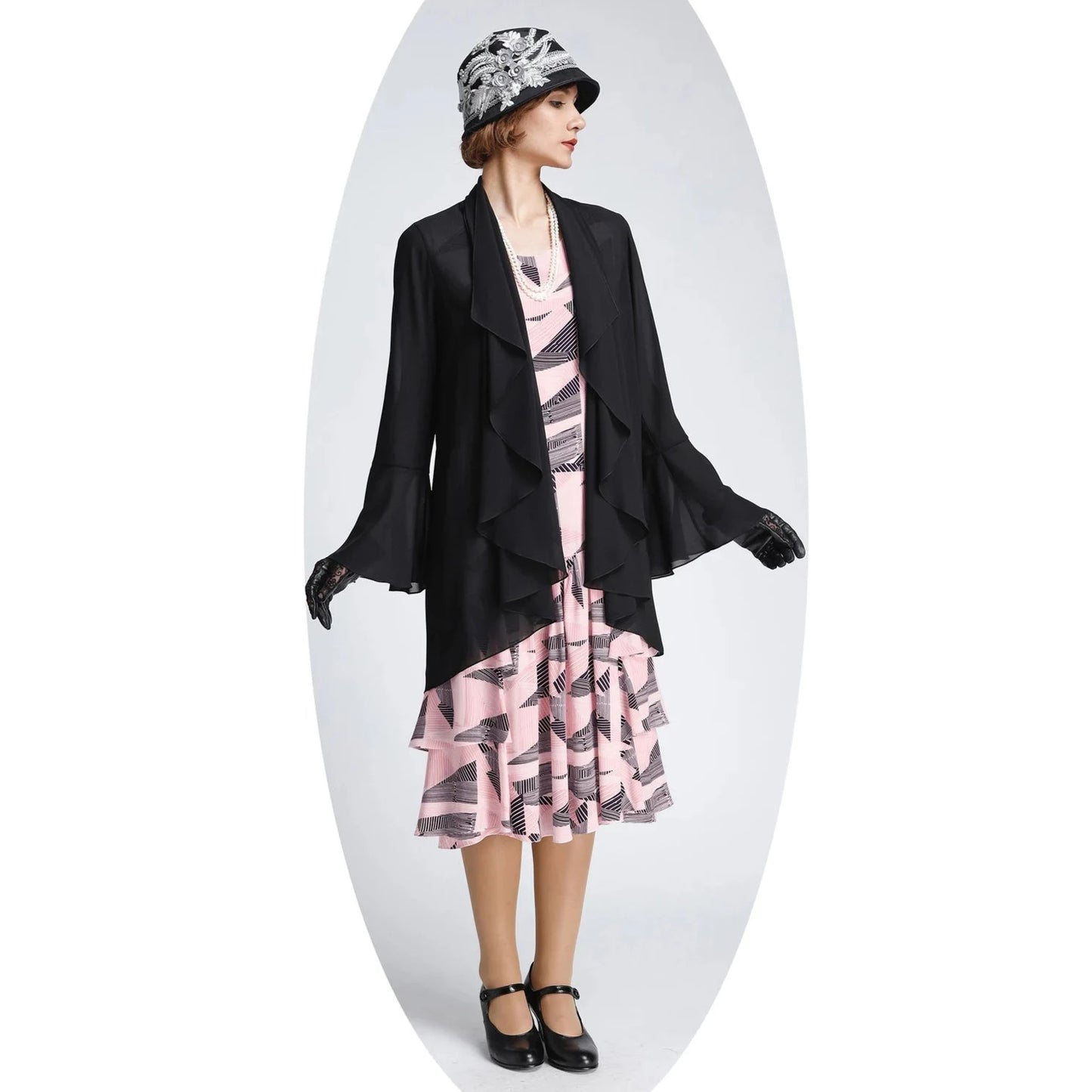 A darling pink and black 1920s rayon dress with tiered skirt