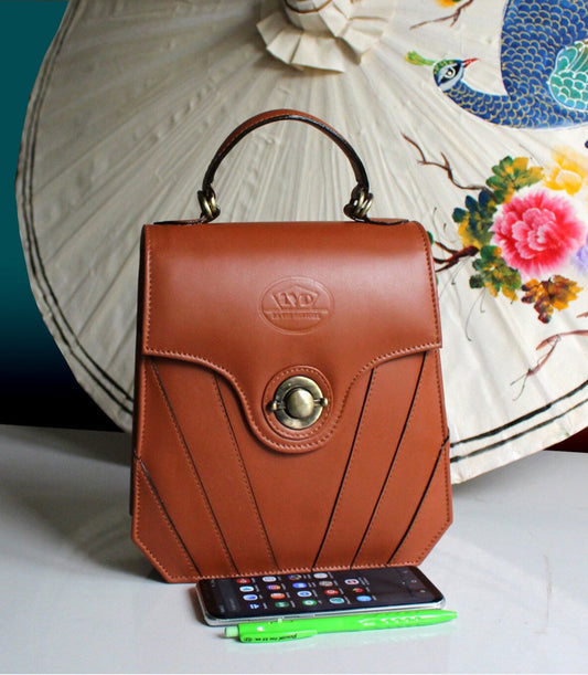 Finely-crafted tan leather art deco handbag/purse - a vintage-inspired purse