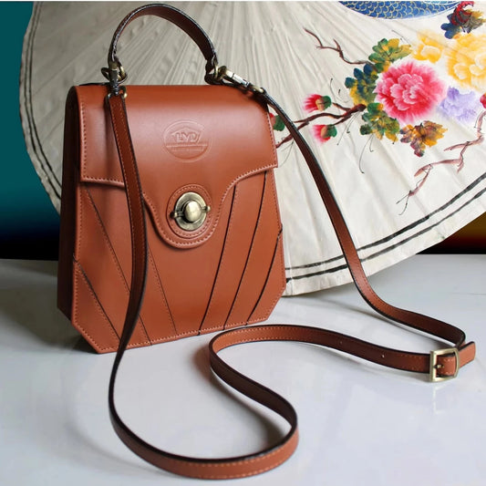 Finally-crafted tan leather art deco handbag/purse
