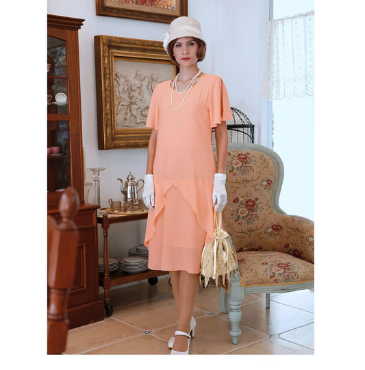1920s summer tea dress in peach with sweetheart neckline - a vintage-inspired Roaring Twenties dress