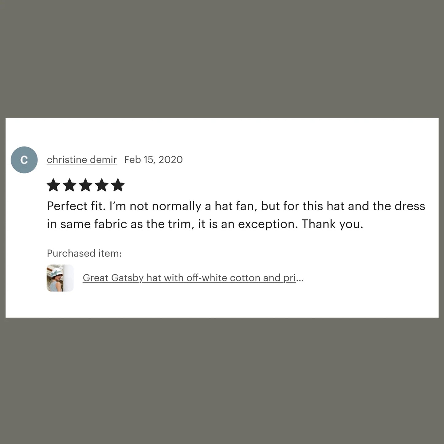 Great Gatsby hat of off-white cotton and blue/green printed chiffon