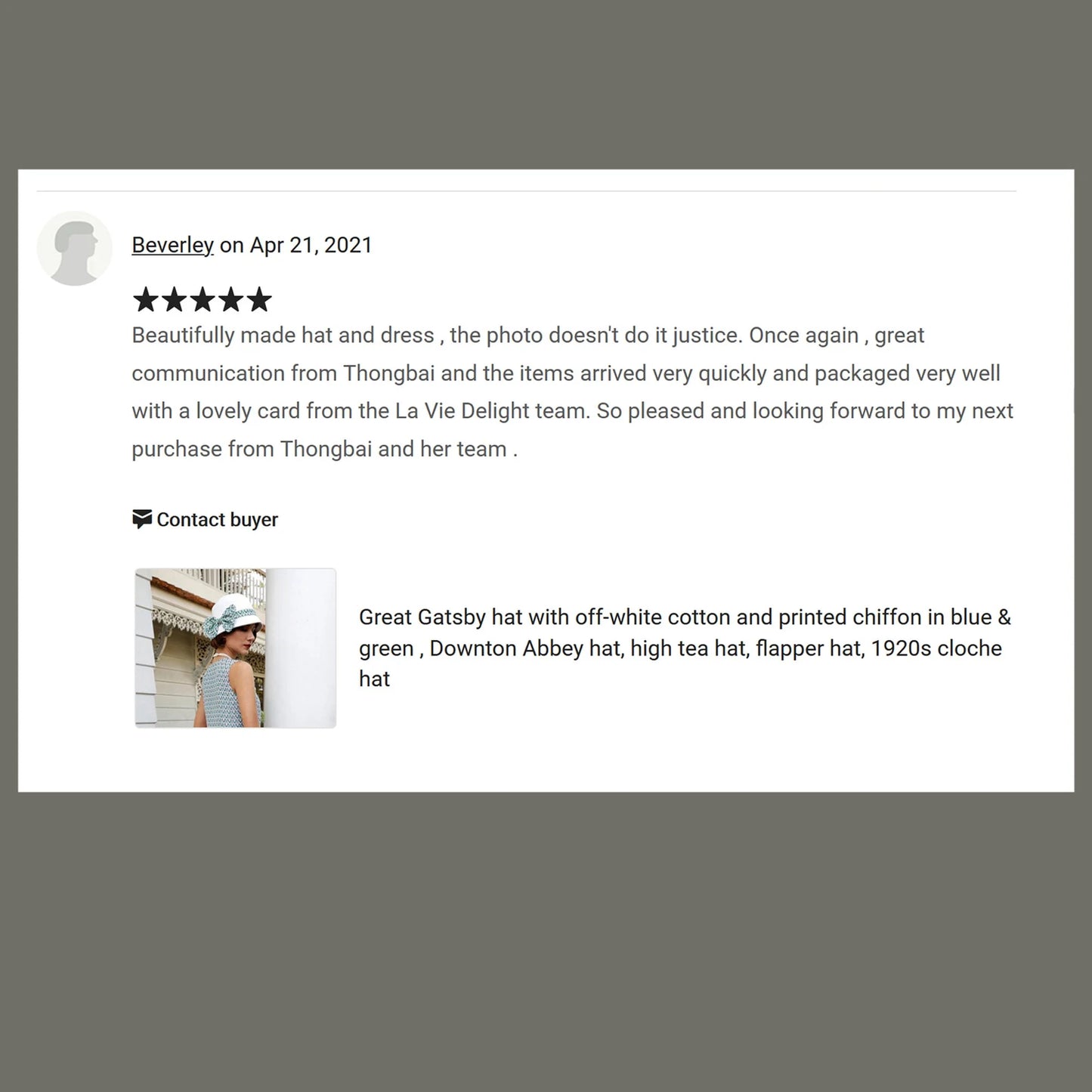 Great Gatsby hat of off-white cotton and blue/green printed chiffon