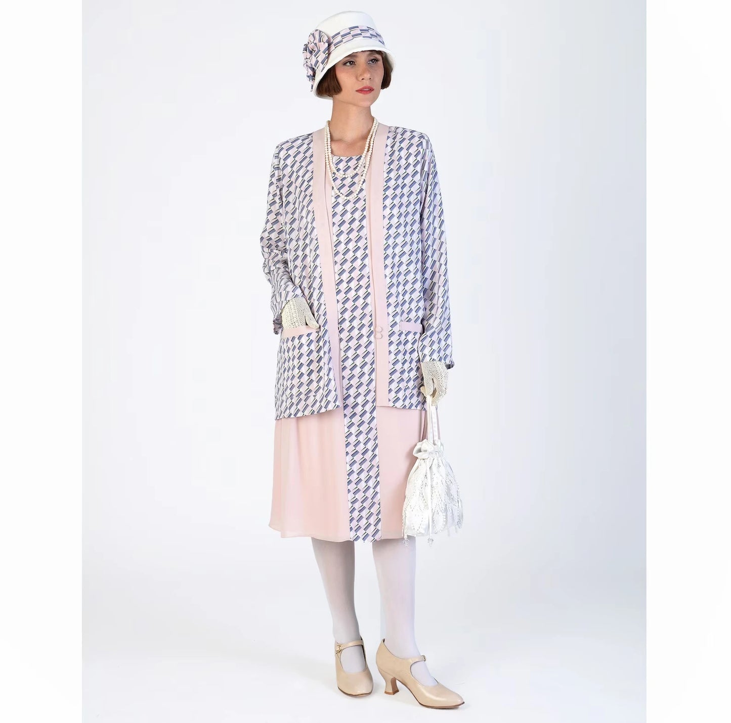 Vintage-inspired chiffon 1920s jacket with nude and print