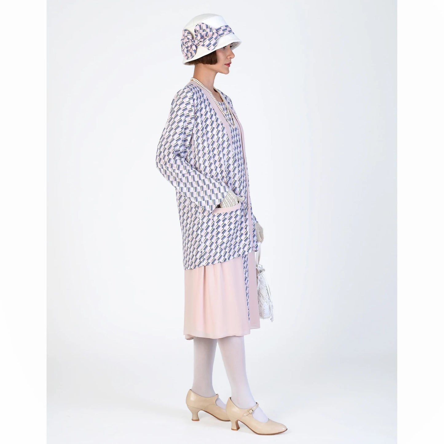 Vintage-inspired chiffon 1920s jacket with nude and print