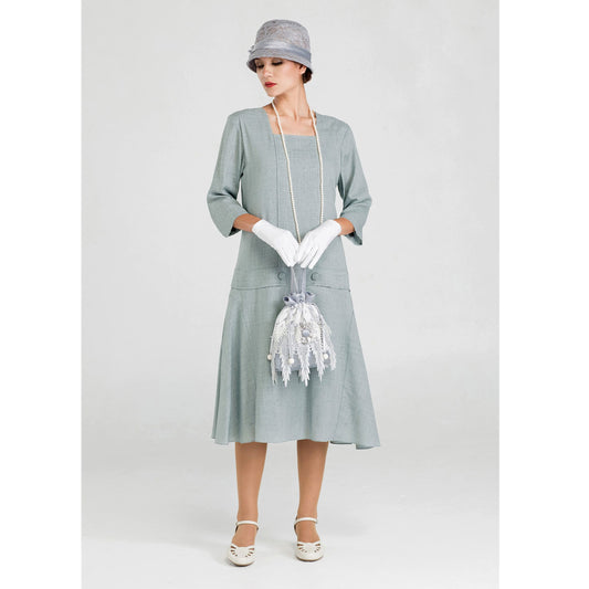 Grey Great Gatsby linen dress with square neck and 3/4 sleeves - a vintage-inspired Roaring Twenties dress