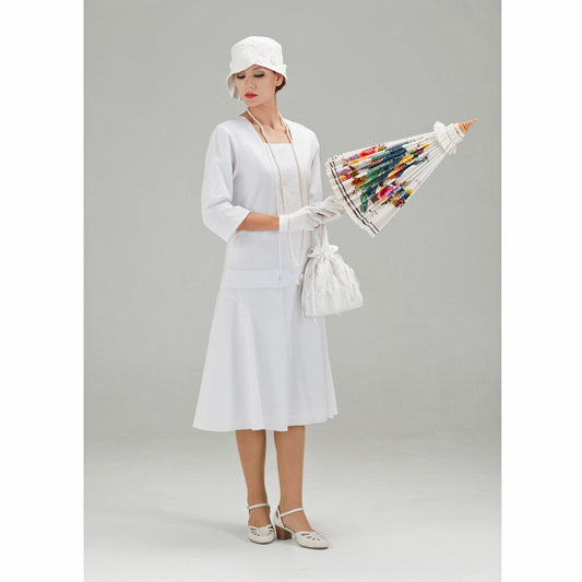 1920s tea dress, or Great Gatsby dress or Downton Abbey dress, made of white cotton fabric and with square neckline and 3/4 sleeves.