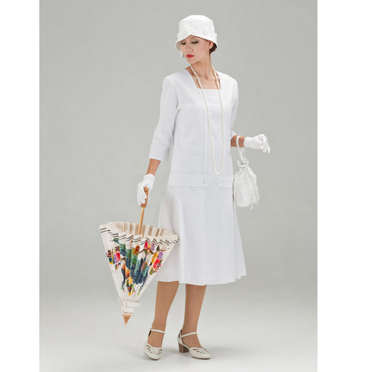 White Great Gatsby cotton dress with square neckline - a vintage-inspired Roaring Twenties dress