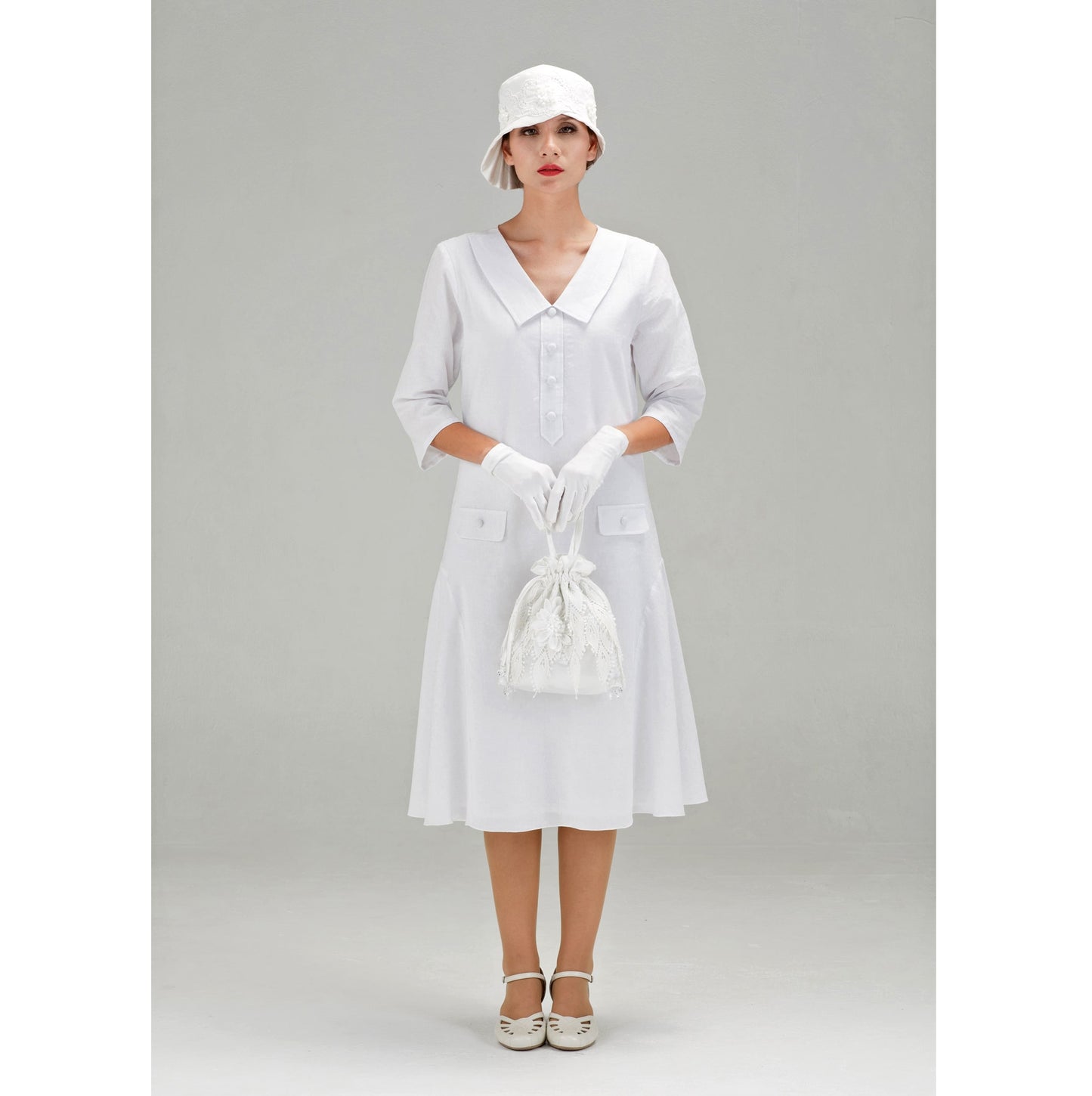 White Gatsby cotton dress with small puritan collar and 3/4 sleeves - a vintage-inspired Roaring Twenties dress