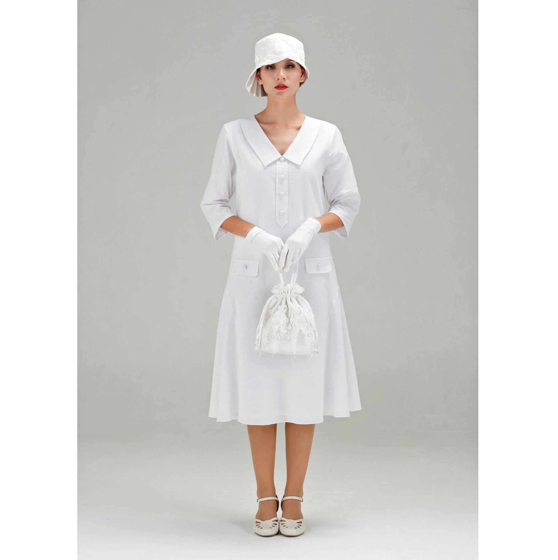 White Gatsby cotton dress with small puritan collar and 3/4 sleeves LaVieDelight White Gatsby cotton dress with small puritan collar and 3/4 sleeves LaVieDelight