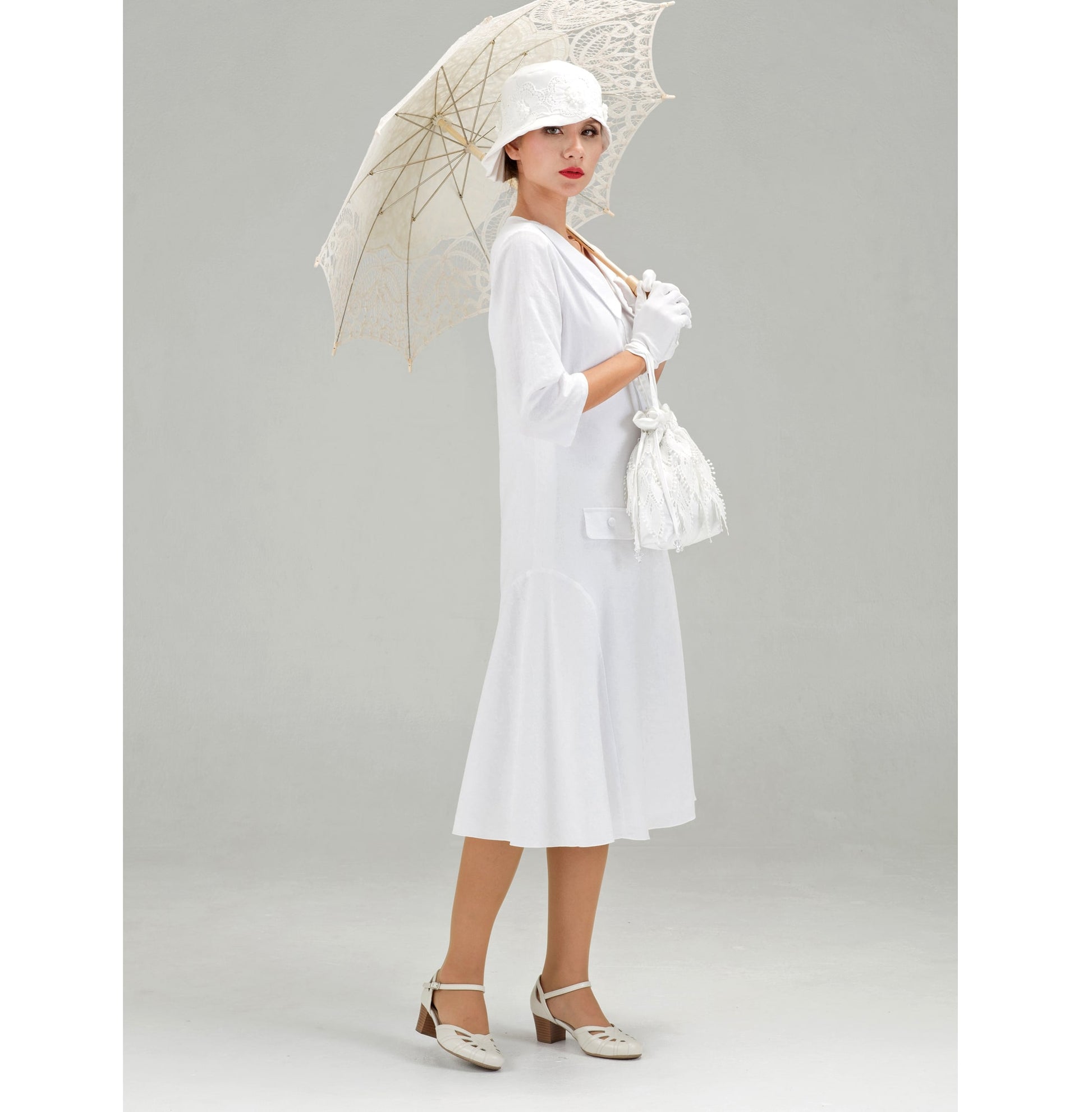 White Gatsby cotton dress with small puritan collar and 3/4 sleeves