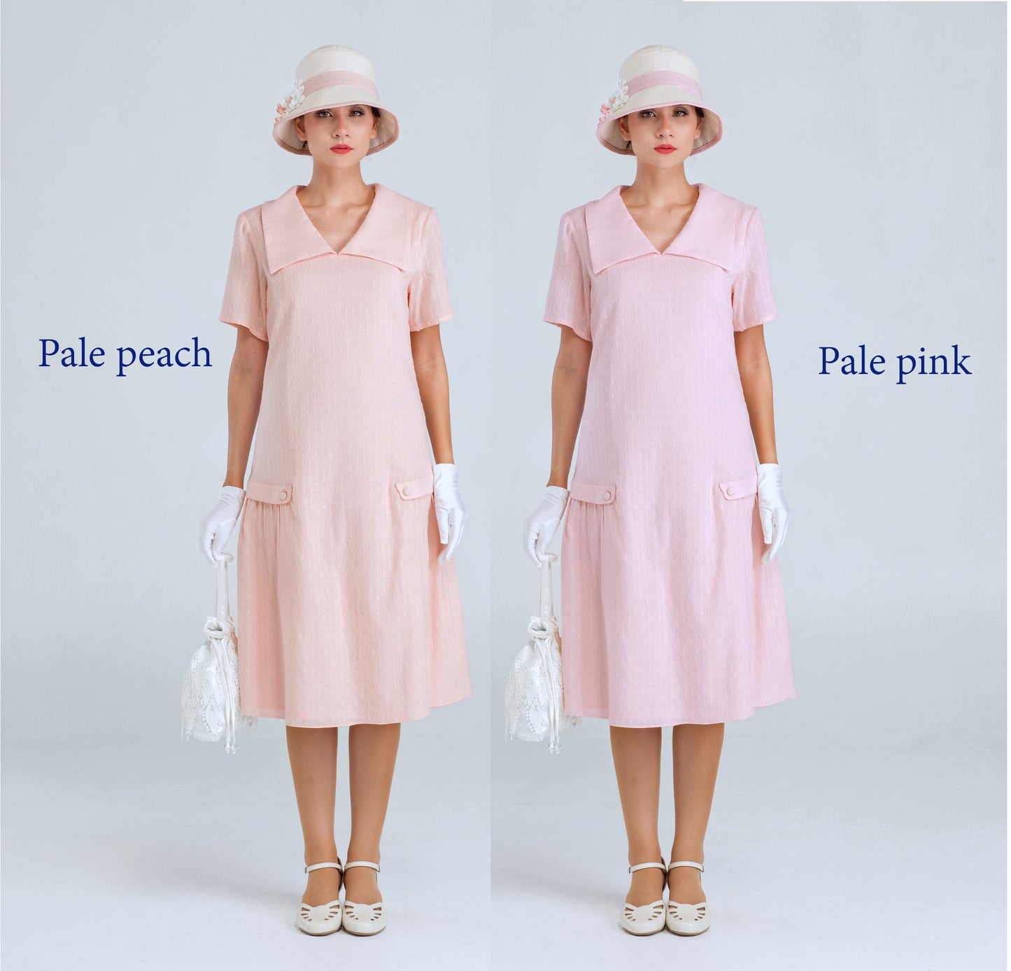 1920s summer dress in pale peach or pale pink colour with puritan collar