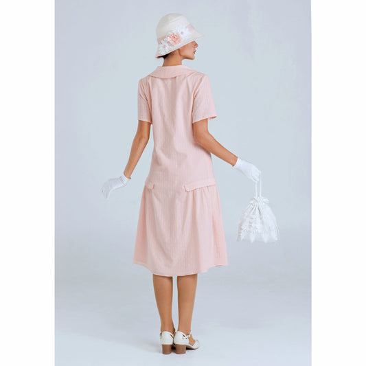Cotton 1920s dress in pale peach or pale pink colour with short sleeves