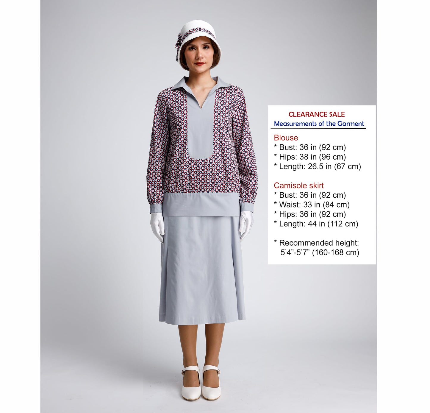 CLEARANCE: 1920s Cotton 2-Piece Gatsby Day Dress in Solid Grey and blue/red/grey print