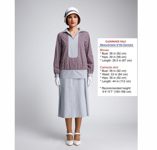 CLEARANCE: 1920s Cotton 2-Piece Gatsby Day Dress in Solid Grey and blue/red/grey print