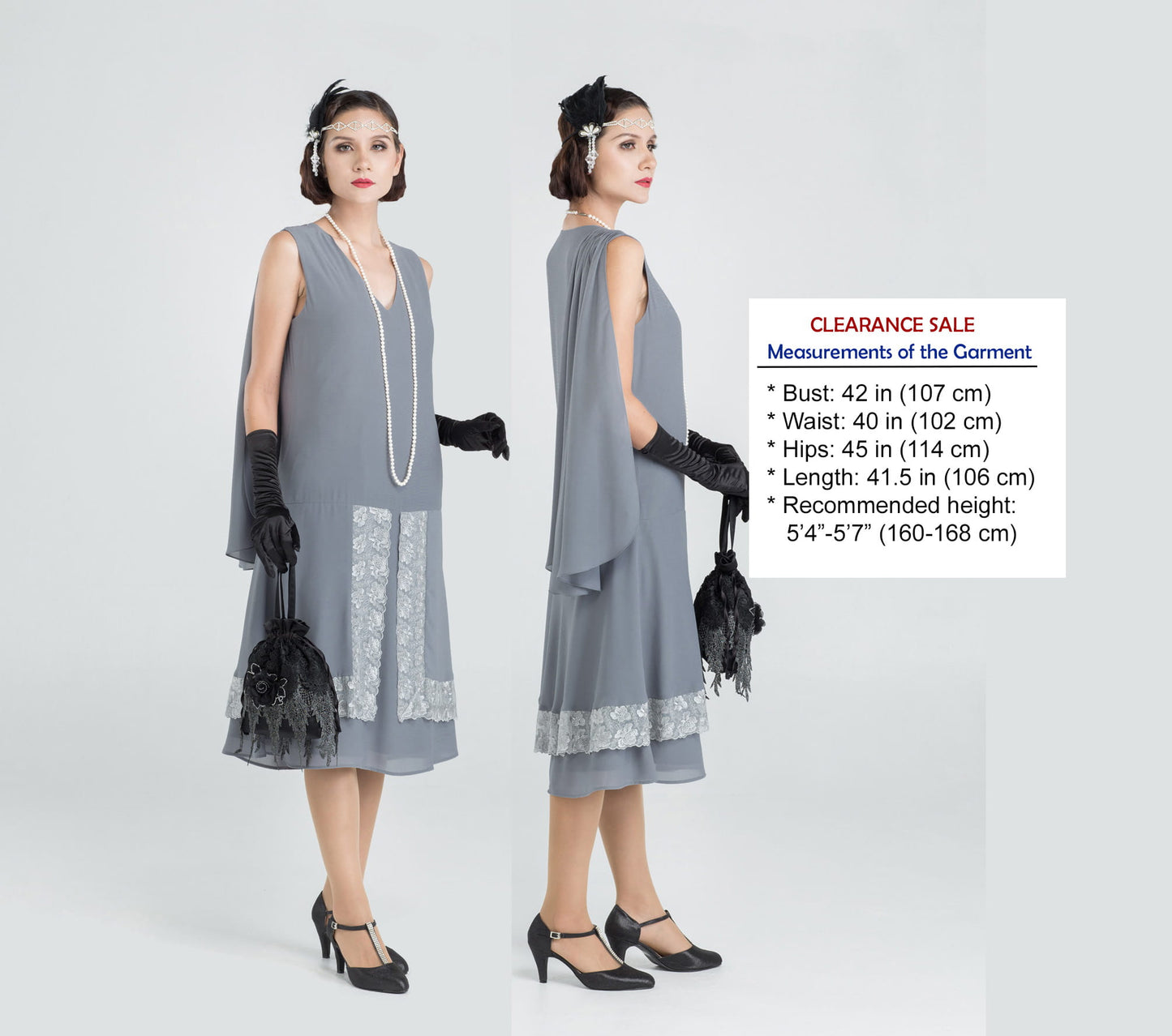 CLEARANCE: Great Gatsby evening dress in grey and lace trim
