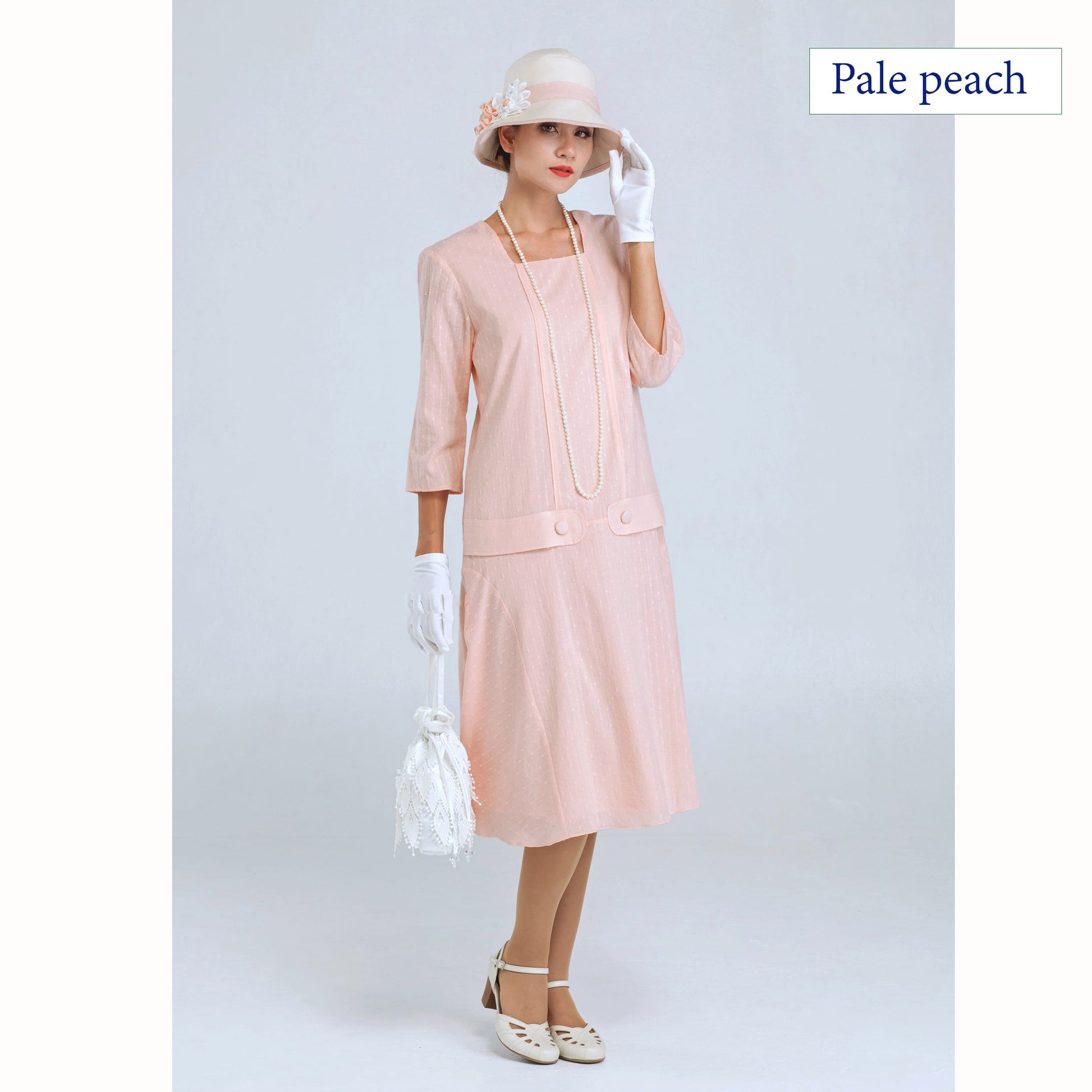 Jazz Age Lawn party dress in pale peach wth 3/4 sleeves