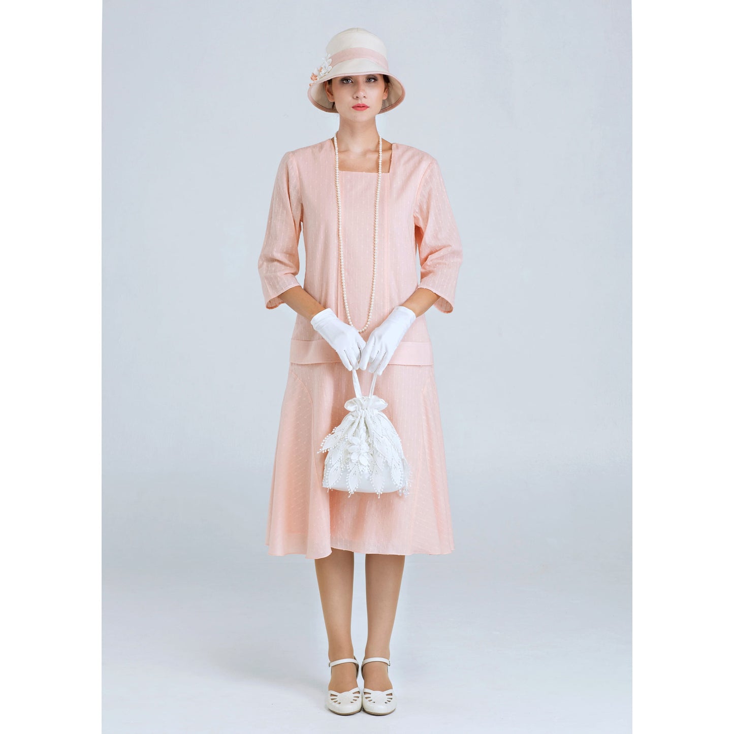 Jazz Age Lawn party dress in pale peach or pale pink wth 3/4 sleeves